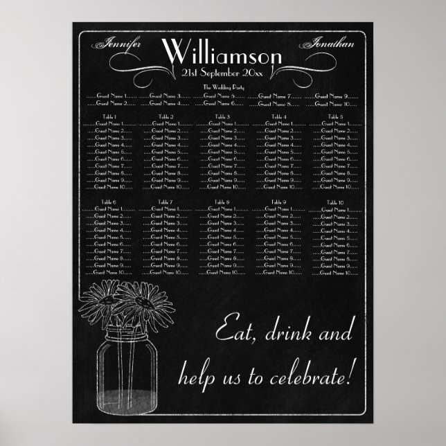 Chalkboard mit Mason Jar & Daisy Wedding Seating Poster (Vorne)