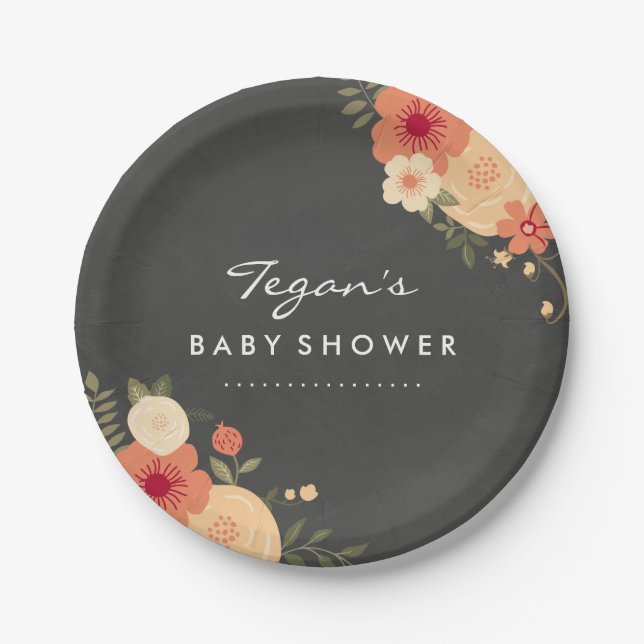 Chalkboard Modern Floral Baby Shooting Paper Telle Pappteller (Vorderseite)
