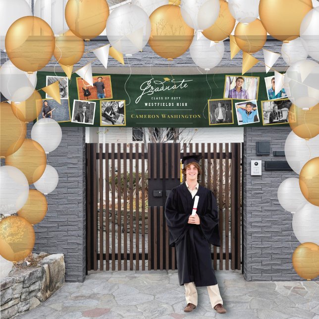 Chalkboard Modern Script 10 Foto Graduation Party Banner (Stylish Graduate Script Retro Dark Green Chalkboard 10 Photo Graduation Party Banner @ fatfatin)