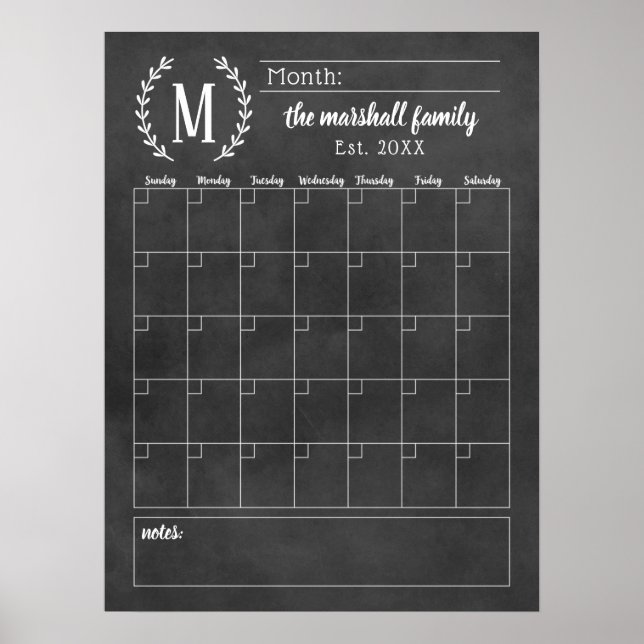 Chalkboard Monthly Family Monogram Calendar Poster (Vorne)