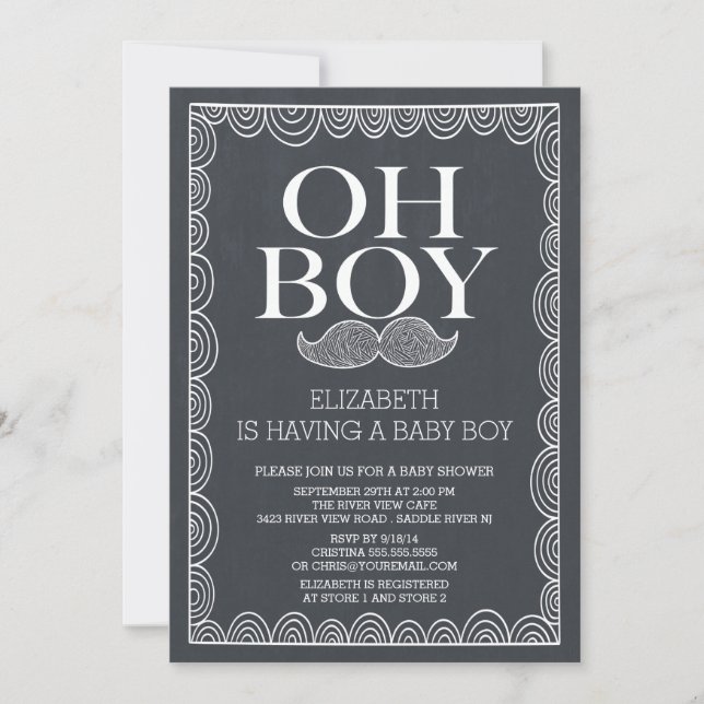 Chalkboard Mustache Baby Shower Einladung (Vorderseite)