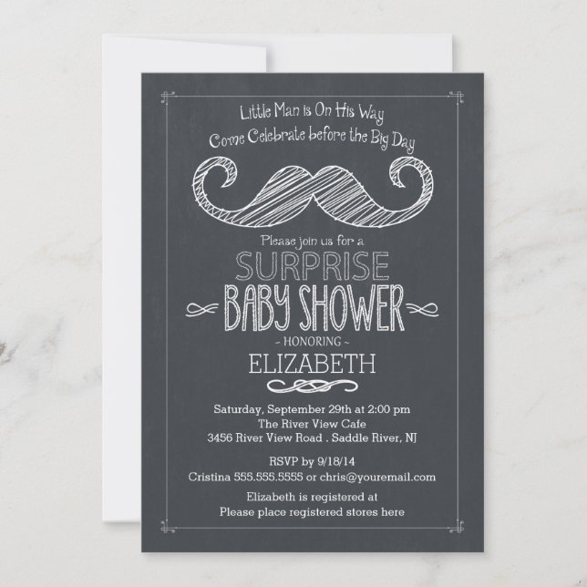 Chalkboard Mustache Baby Shower Einladung (Vorderseite)