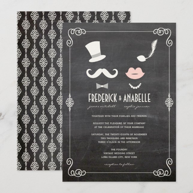 Chalkboard Mustache und Lippen Vintage schicke Hoc Einladung (Vorne/Hinten)