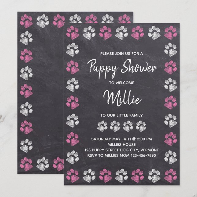 Chalkboard New Pet Pink Dog Welpe Dusche Einladung (Vorne/Hinten)