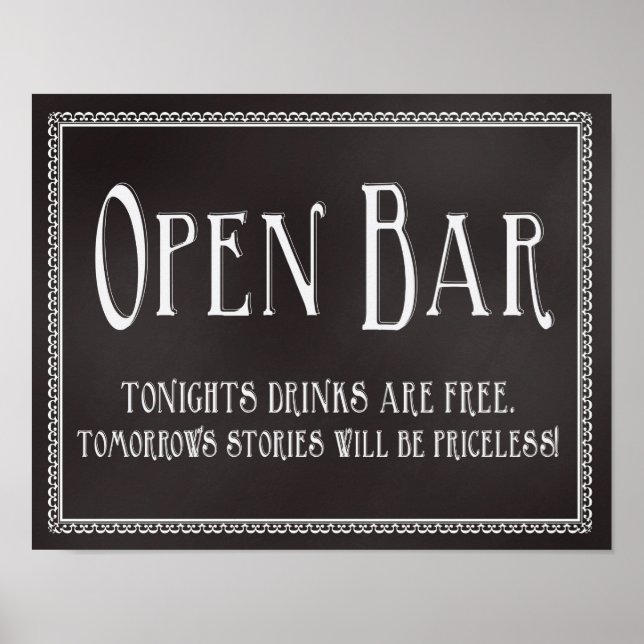 Chalkboard Open Bar Wedding Empfang Zeichen Poster (Vorne)