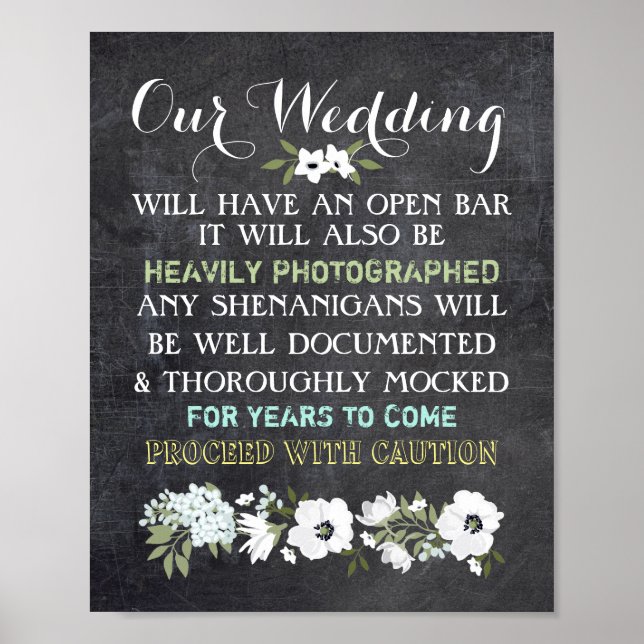 Chalkboard Open Bar Wedding Sign Floral Funny Poster (Vorne)