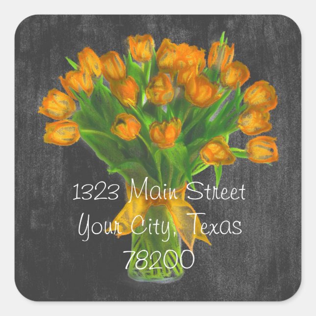 Chalkboard Orange Tulips Adressenaufkleber Quadratischer Aufkleber (Vorderseite)