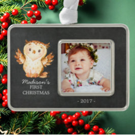Chalkboard Owl 1. Weihnachtsfeier Foto Ornament Rahmen-Ornament Silber