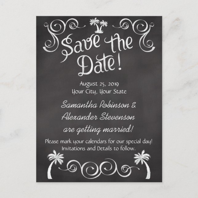 Chalkboard Palm Tree Beach Hochzeit Save the Date Ankündigungspostkarte (Vorderseite)