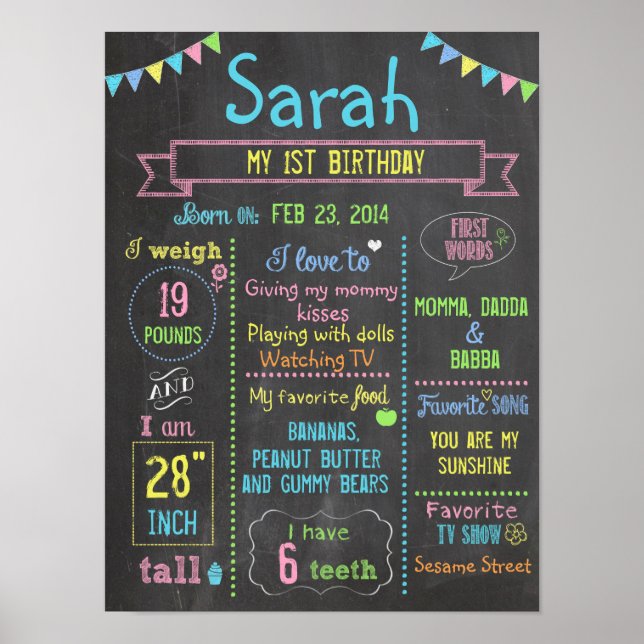 Chalkboard-Party personalisiert 1. Geburtstagspost Poster (Vorne)