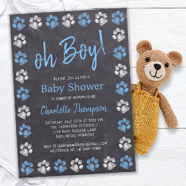 Chalkboard Paw Prints Blue Boy Baby Dusche Einladung
