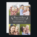 Chalkboard Peace and Liebe Holiday Foto Card Feiertagskarte<br><div class="desc">Chalkboard Peace and Liebe Holiday Foto Card von Orabella Prints. Diese vier Foto-Urlaubskarte zeichnet sich durch ein elegantes Laurel-Design auf der Vorder- und Rückseite aus und lässt den Text individuell gestalten. Beachte: Die Bilder in diesem Design sind nur für Platzhalter gedacht. Bitte ersetzen Sie sie vor dem Kauf durch eigene...</div>