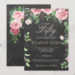 Chalkboard Pink Floral Garden 50. Geburtstagsparty Einladung