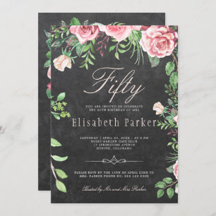 Chalkboard Pink Floral Garden 50. Geburtstagsparty Einladung