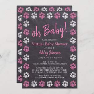 Chalkboard Pink Girl Paw Print Virtual Baby Dusche Einladung