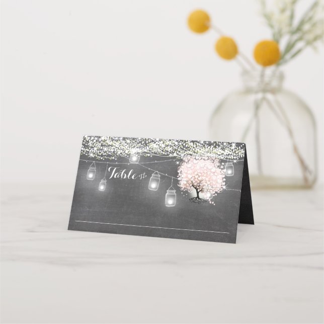 Chalkboard Pink Heart Leaf Tree Hochzeit Platzkart Platzkarte (Vorderseite)
