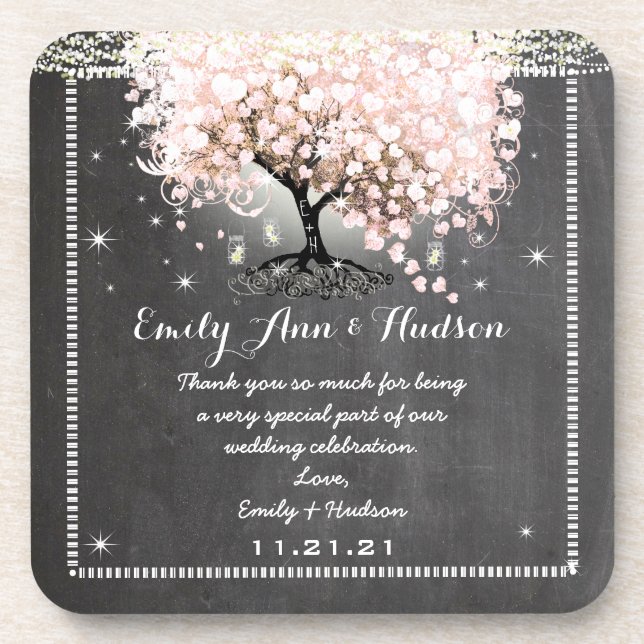 Chalkboard Pink Heart Leaf Tree Wedding Untersetze Untersetzer (Vorderseite)