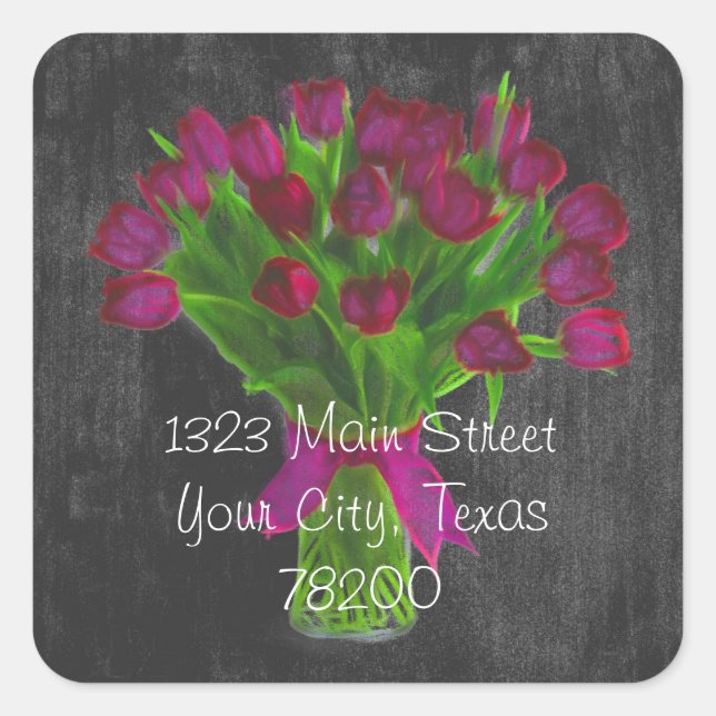 Chalkboard Pink Tulips Adressenaufschrift Quadratischer Aufkleber (Vorderseite)