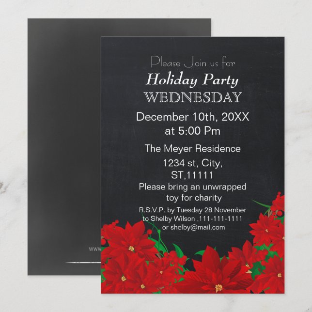 Chalkboard Poinsettias Holiday Party Einladung (Vorne/Hinten)