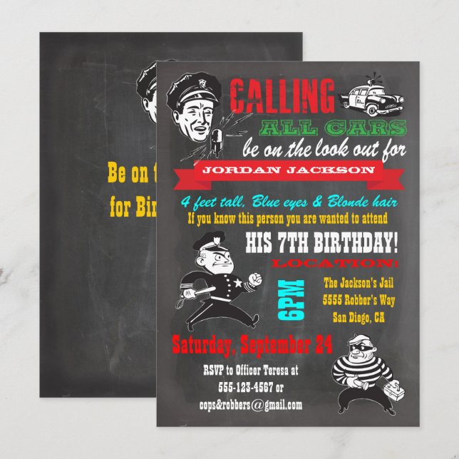 Chalkboard-Polizisten und Robbers-Party Einladung (Vorne/Hinten)