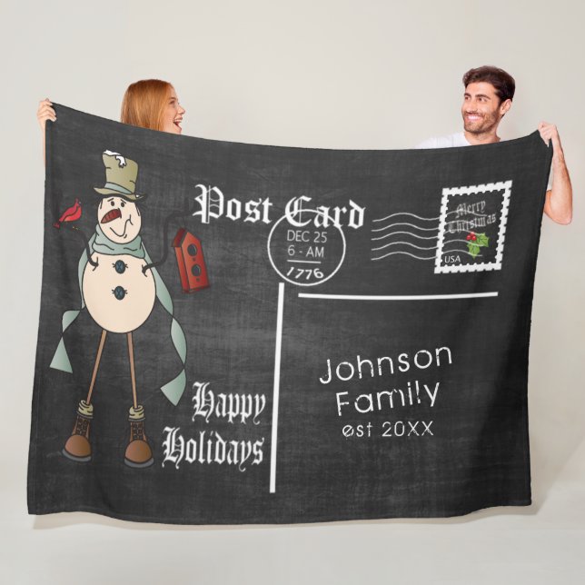 Chalkboard Postkarte mit rustikalem Blue Snowman Fleecedecke (Beispiel)