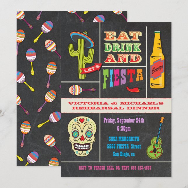 Chalkboard Probe Dinner Mexican Fiesta Einladung (Vorne/Hinten)