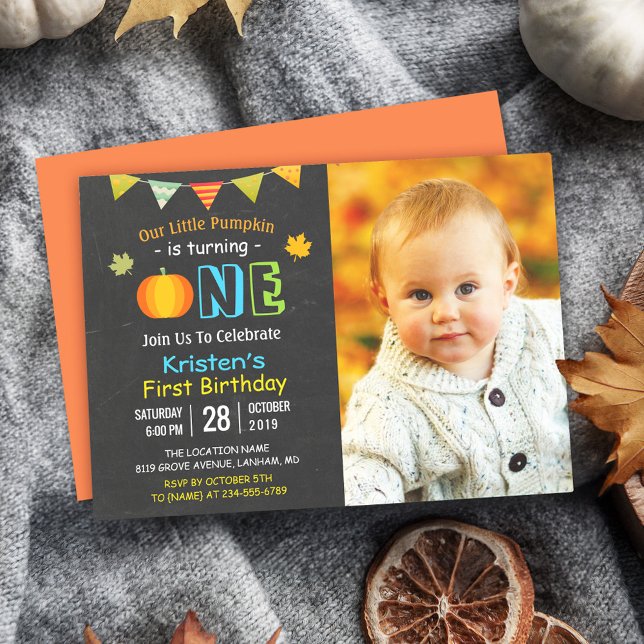 Chalkboard Pumpkin Baby First Birthday Foto Einladung (Get ready for a day of joy and pumpkin-filled fun with this delightful and customizable invitation!)