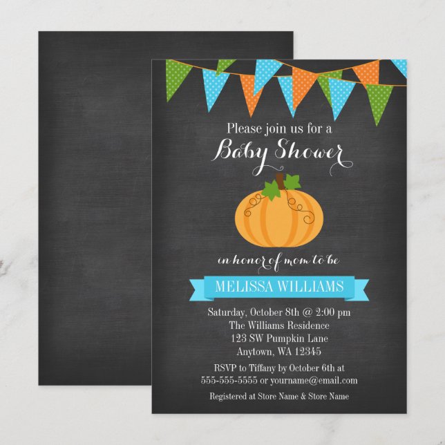 Chalkboard Pumpkin Bunting Boy Fall Baby Dusche Einladung (Vorne/Hinten)