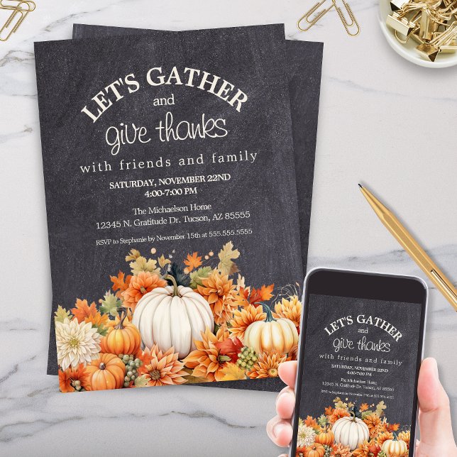 Chalkboard Pumpkin Erntedank Potluck Party Einladung (thanksgiving invitation templates for fall autumn leaves pumpkins lets gather and give thanks)