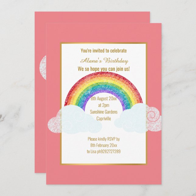 CHALKBOARD RAINBOW CLOUD PINK GEBURTSTAG EINLADUNG (Vorne/Hinten)