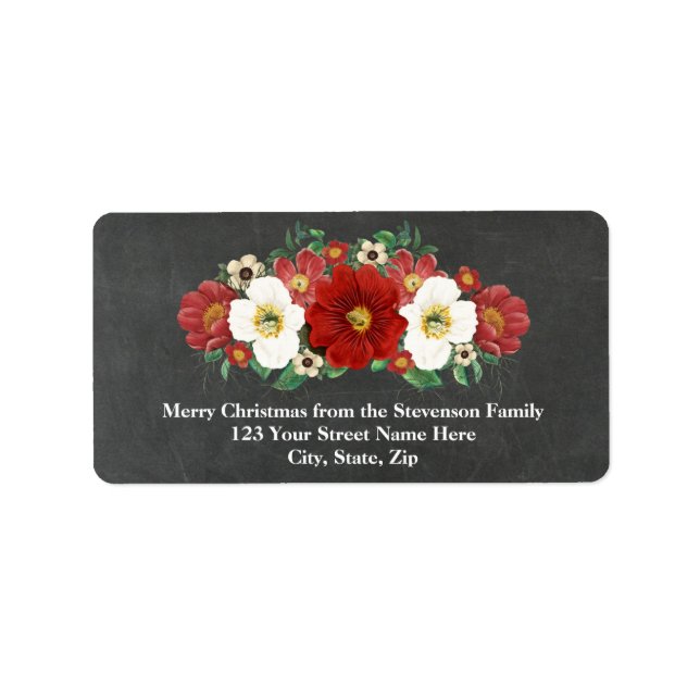Chalkboard Red Floral Christmas Address Label Adressaufkleber (Vorne)