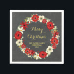 Chalkboard Red Floral Wreath Christmas Napkin Serviette<br><div class="desc">Fröhliche Weihnachtsservietten für die Urlaubssaison mit rustikalem Kalkboardmuster,  Vintagem Blumenkranz in Rot und Weiß und goldfarbenem Text.</div>