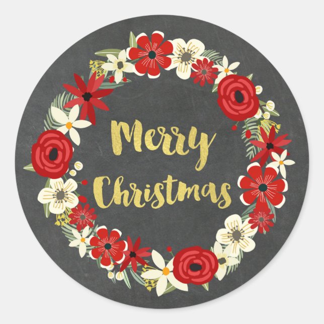 Chalkboard Red Floral Wreath Gold Weihnachten Runder Aufkleber (Vorderseite)