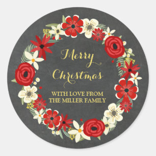 Chalkboard Red Floral Wreath Gold Weihnachten Runder Aufkleber