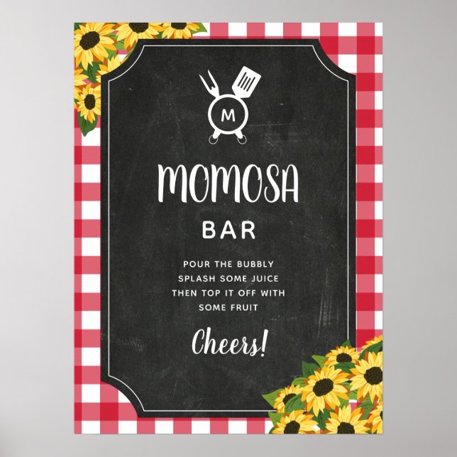 Chalkboard Red Gingham Sunflower Monogram Momosa Poster (Vorne)