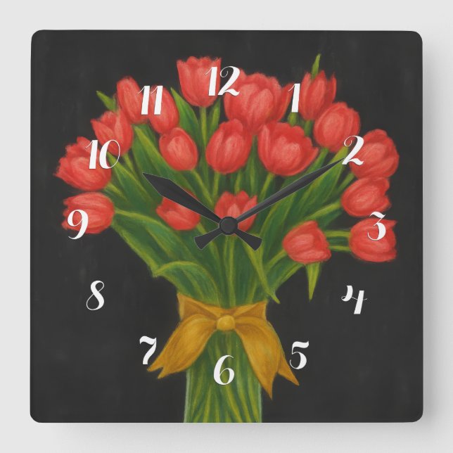 Chalkboard Red Tulips Quadratische Wanduhr (Vorderseite)