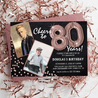 Chalkboard RoseGold Ballons 2 Foto 80. Geburtstag Einladung