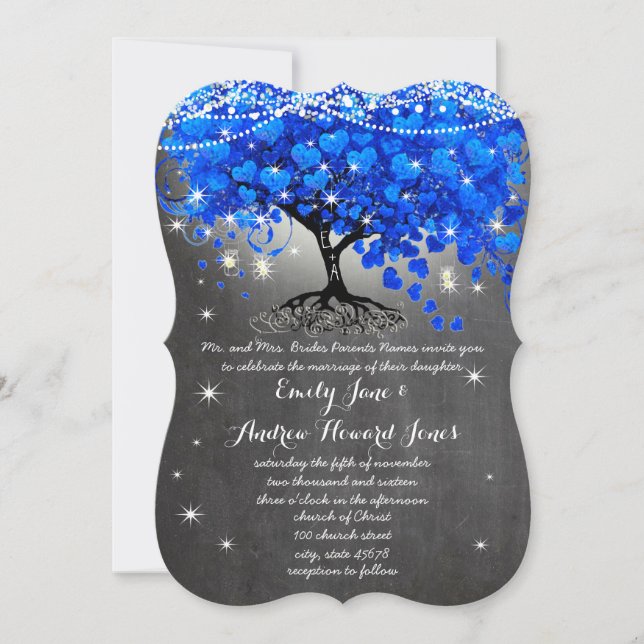 Chalkboard Royal Blue Heart Leaf Tree Mason Jar Einladung (Vorderseite)