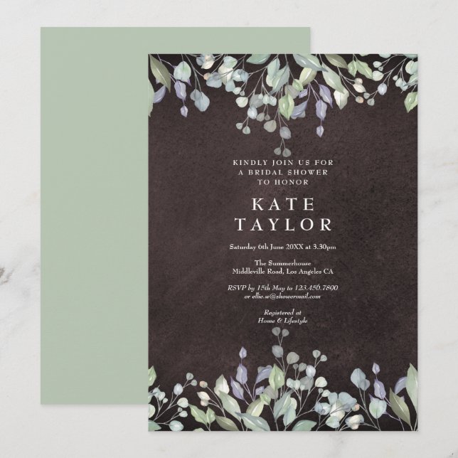 Chalkboard Sage and Lilac Floral Brautparty Einladung (Vorne/Hinten)