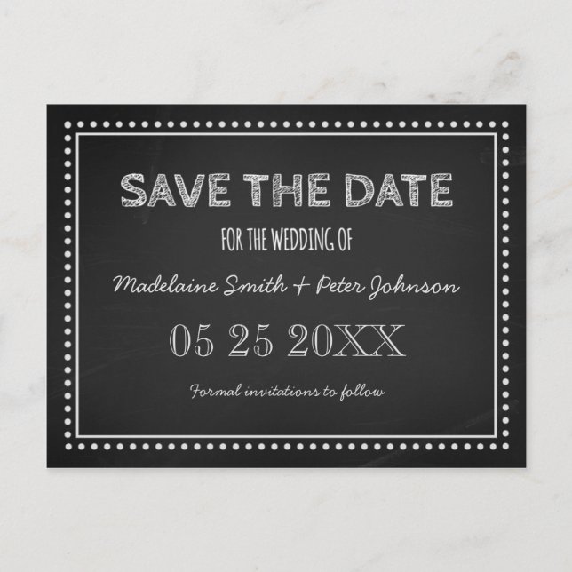 Chalkboard Save the Date Hochzeitkarten Ankündigungspostkarte (Vorderseite)