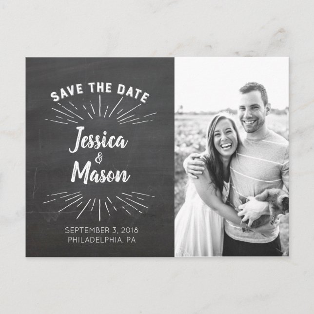 Chalkboard Save the Date Postkarte (Vorderseite)