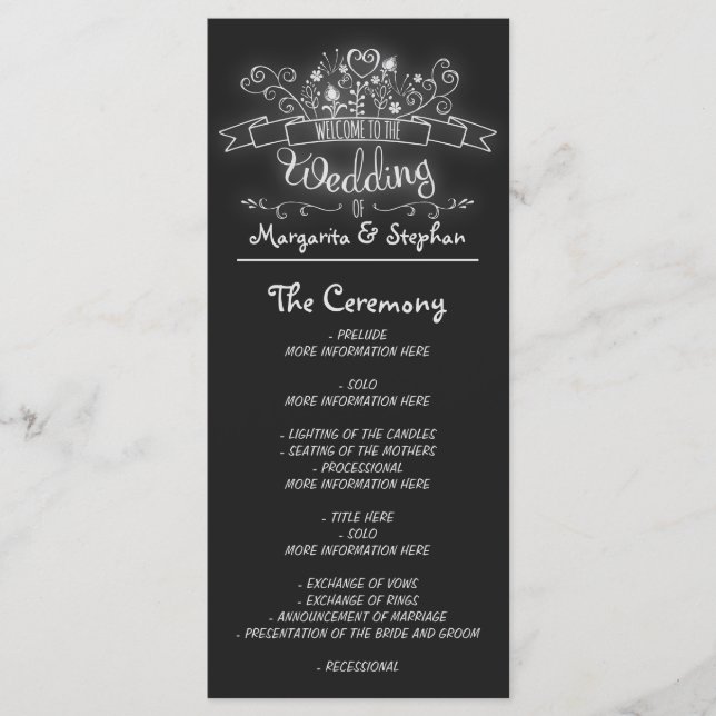 Chalkboard-Schnörkel handgeschriebene Hochzeitspro Programm (Vorderseite)