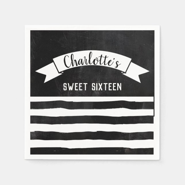 Chalkboard Schwarz/Weiß Streifen Modernes Sweet 16 Serviette (Vorderseite)