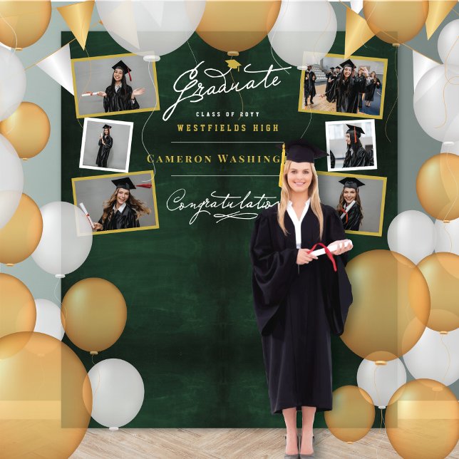 Chalkboard Script Abschluss 6 Foto Hintergrund Wandteppich (Chalkboard Stylish Graduate Script Graduation Party 6 Photo Backdrop @ www.zazzle.com/color_therapy)