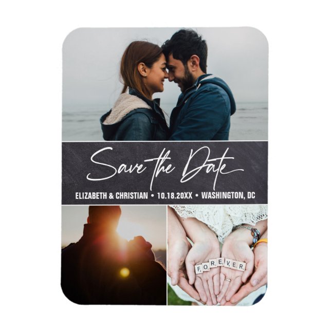 Chalkboard Script-Foto-Collage Save the Date Magnet (Vertikal)