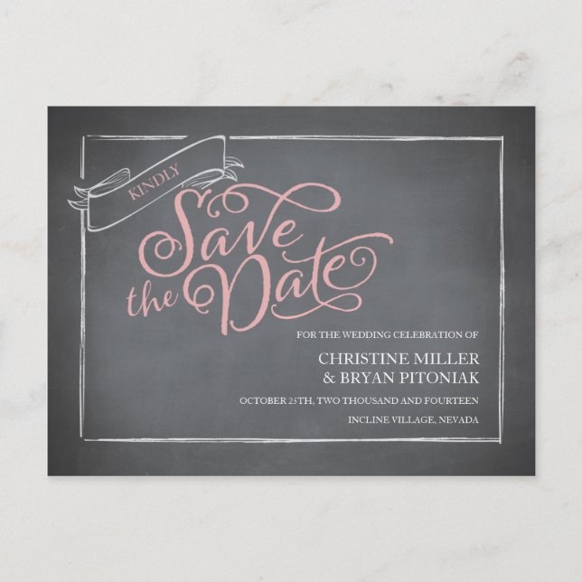 Chalkboard Script Save the Date rosa Ankündigungspostkarte (Vorderseite)