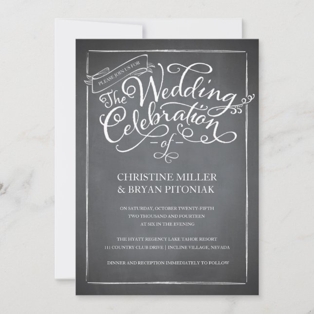 Chalkboard Script White Wedding Einladung (Vorderseite)