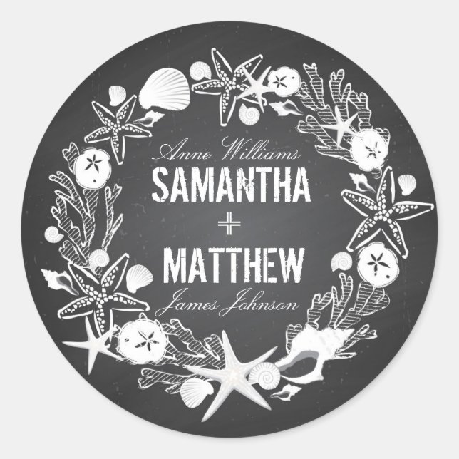 Chalkboard Seashells Wedding-Geschenketikett Runder Aufkleber (Vorderseite)