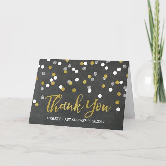 Chalkboard Silver Confetti Babydusche Vielen Dank Dankeskarte (Vorderseite)