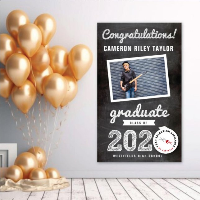 Chalkboard Sketch 2025 Foto Graduation Party Banner (20YY White Sketch Chalkboard One Photo Modern Graduation Party Banner @ www.zazzle.com/color_therapy)